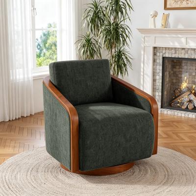 Uixe Upholstered Swivel Barrel Chair with Curved Wood Arms