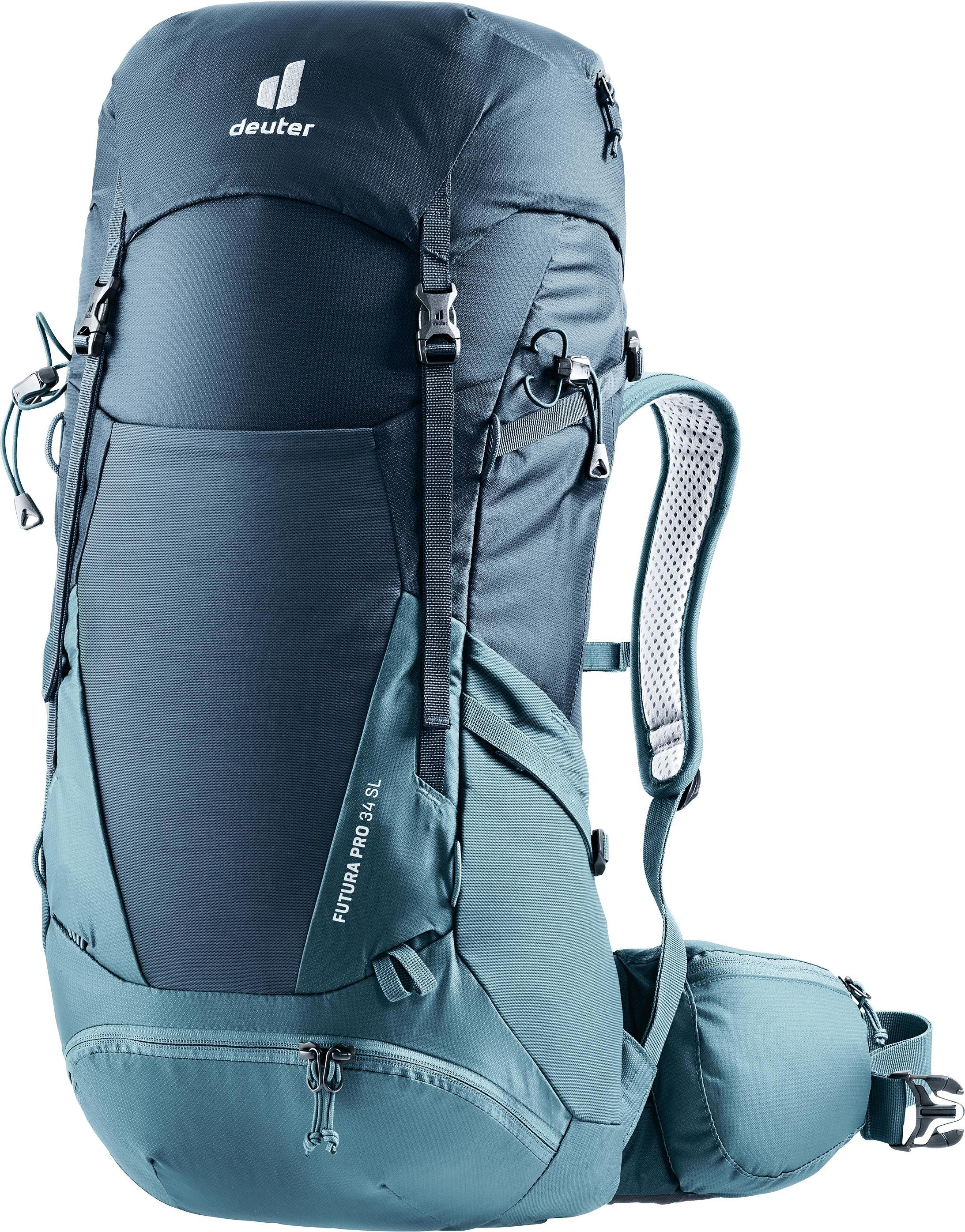 Deuter Futura Pro 34 SL, Oben, Wandern, Bergsteigen, Blau, Unisex, Polyamid, Polyethersulfon (PES), Untere Tasche, Seitentasche