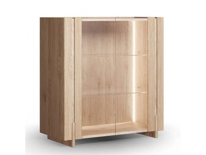 Feldmann-Wohnen Vitrine Travertino (mit Türen, mit Glaseinsatz, mit Beleuchtung, 1-St., moderne Optik, mit Türen, mit Glaseinsatz, mit Beleuchtung) 100x46x106cm Wildeiche gebleicht / Travertin Naturstein