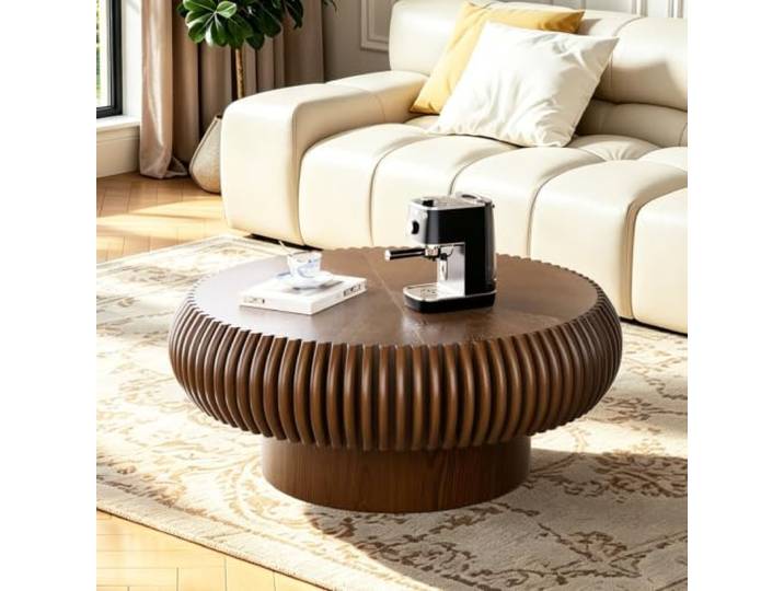 LOVEHOUGES Runder Couchtisch aus Holz mit Rillen Massiver Couchtisch in Trommelform aus Holz, stabiler Sockel, einfache Montage, für kleine Wohnzimmer