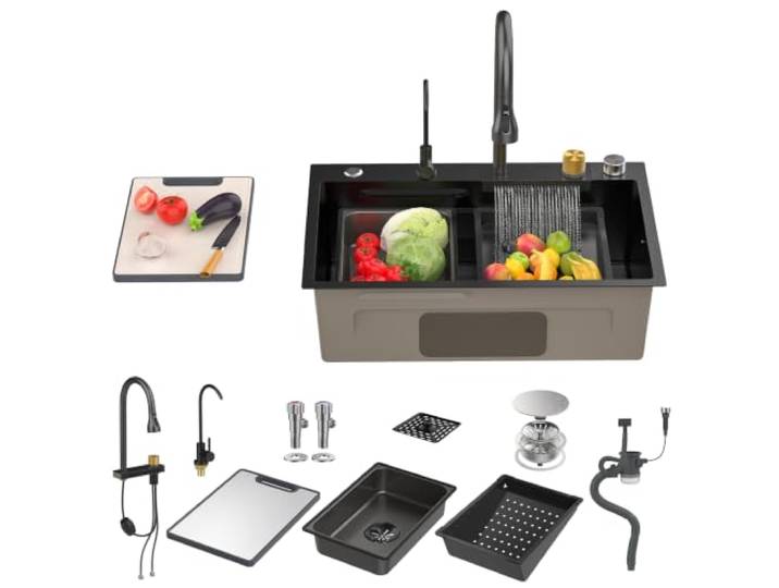 Schwarzes Wasserfall-Küchenspülbecken Edelstahl Workstation 68 cm Premium-Edelstahl-Workstation-Spüle mit Nano-Oberfläche und Wasserfall-Armatur für moderne Kücheneffizienz Schwarz