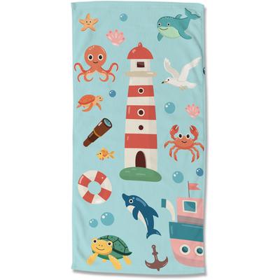 Strandtuch GOOD MORNING "Sailor", bunt (türkis), B:75cm L:150cm, Velours, Mikrofaser, Handtücher, Kinder Strandtuch, Mikrofaser, Velours, saugfähig, weich, Leuchtturm