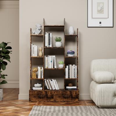 Bookshelf with 2 Drawers, Industrial Freestanding Open Display Shelving, Vintage Open Bookcase