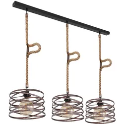 Hanfseil Pendelleuchte Retro Vintage Wohnzimmer Lampe Industrie Style Pendelleuchte Rustikal Landhaus, rostfarben, 3x E27, LxBxH 115x28x120 cm