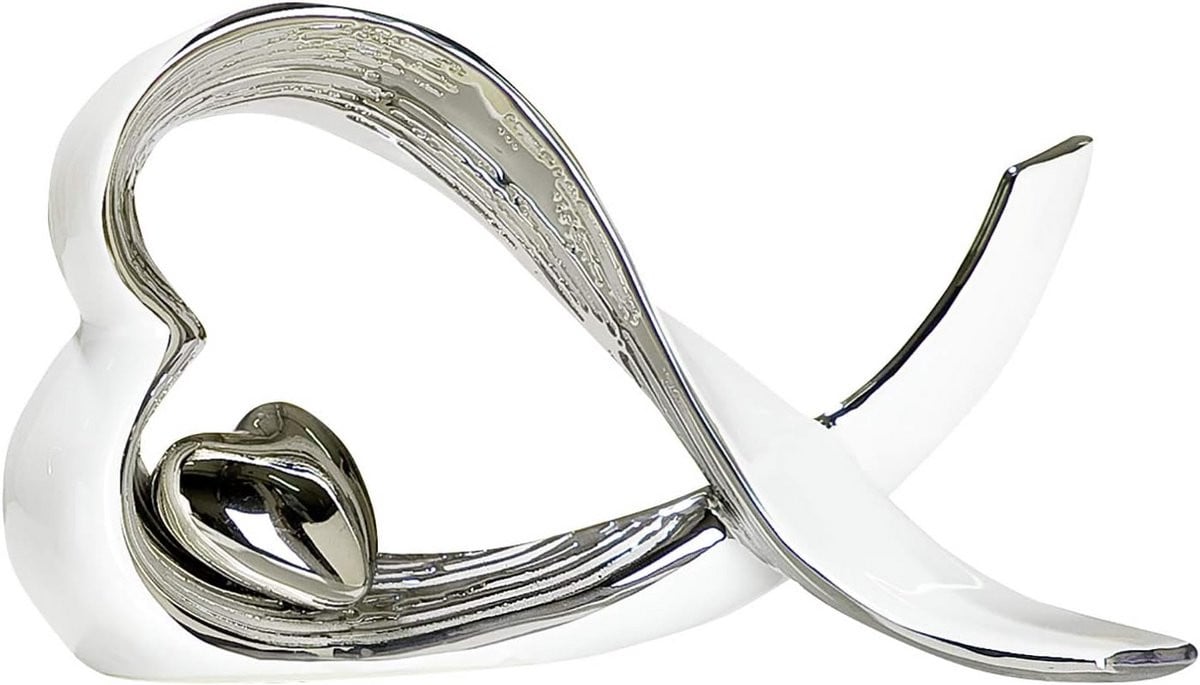 Hartvormig keramiek sculptuur decoratie wit/zilver Hoogte: 15 cm
