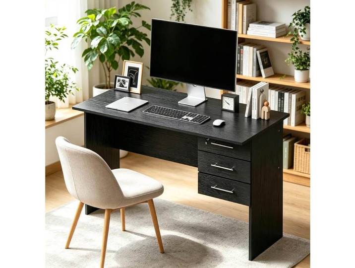 MEUVYX Bureau informatique droit avec 3 tiroirs tiroir verrouillable pour bureau en bois noir 120 × 60 × 75 cm