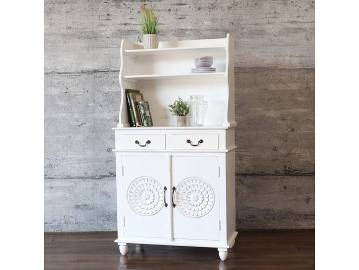 Highboard BLATO Shabby weiß massiv Kommode mit Regalaufsatz Schnitzerei