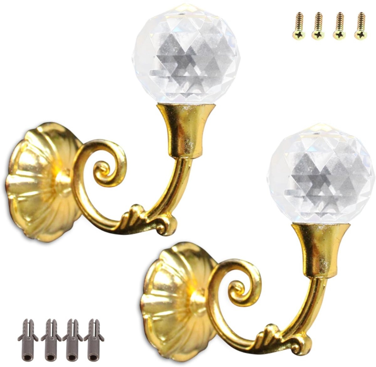 Dailygoods Gordijnhouders van metaal met kristallen bol, 2 stuks