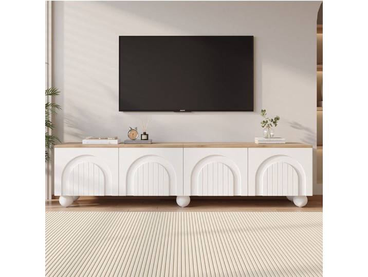 Meuble TV avec 4 portes - Meuble TV moderne 180x40x45 cm - 6 pieds métal sphériques - Buffet bas - Pour 80 pouces TV - Blanc+Bois