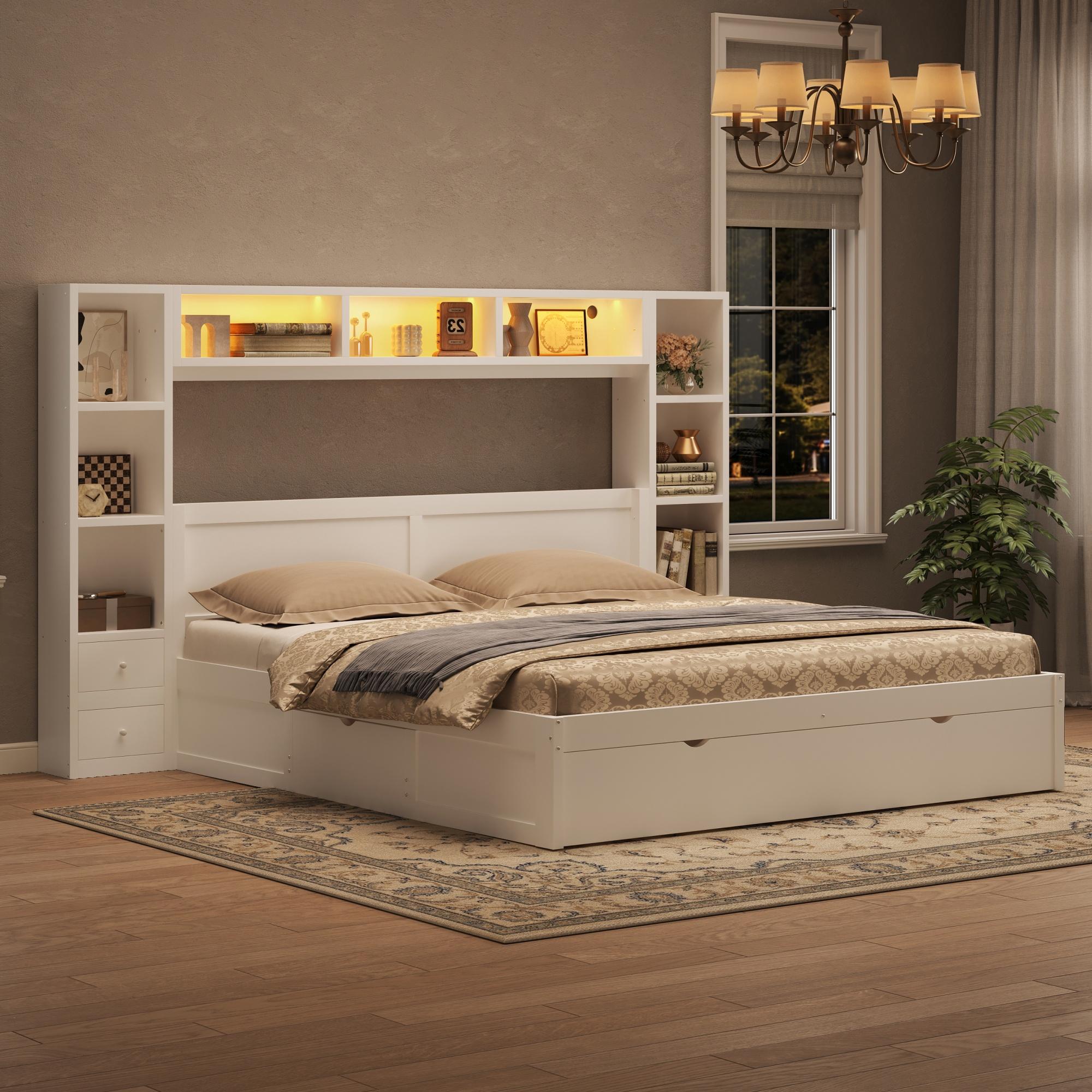 Plattformbettgestell 140 x 200 cm mit 7 Schubladen, Kopfteil mit Staufächern, LED-Lichtleiste mit 7 Farben, MDF & Sperrholz, Weiß