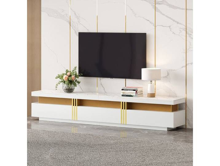 Meuble TV Lowboard Moderne Aspect Marbre - Banc TV 200x40x42 cm - 3 Tiroirs Décoration Dorée Meuble Salon Blanc