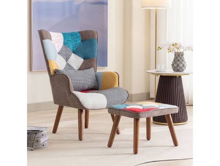 MEUBLIV Fauteuil avec pouf multicolore dossier haut coussin et pieds en bois massif