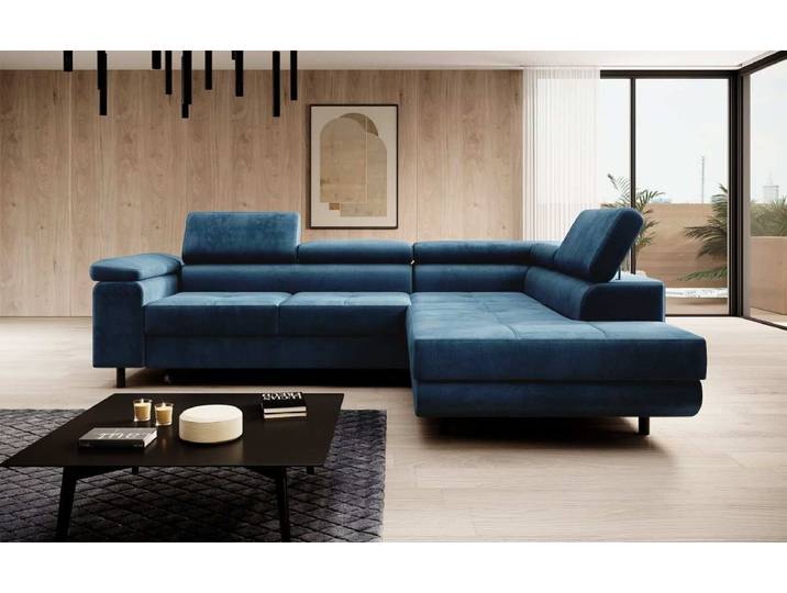 Designer Ecksofa Costa mit Schlaf- und Klappfunktion aus Samt - Blau - Rechts - Luxusbetten24