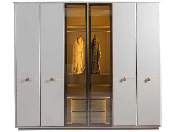 JVmoebel Kleiderschrank Kleiderschrank Modern Weiß mit Goldeinsätzen & Beleuchtung