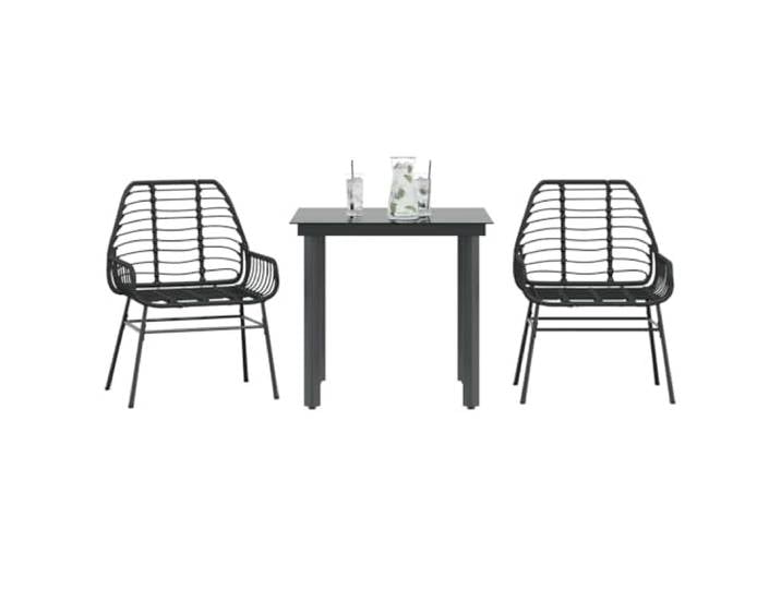 HEFZGDB 3-teiliges Garten-Esszimmerset aus schwarzem Polyrattan mit Glasplatte, wetterfeste PE-Rattan Möbelgruppe für Terrasse, Robustes Stahlgestell mit Rückenlehne und Armlehnen,