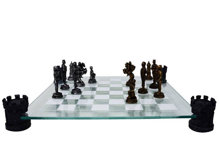 MystiCalls Spiel Schachspiel Ritter mit Glasbrett Ritterschach Ritterspiel Schach Spiel, Strategiespiel, Inklusive Glasbrett