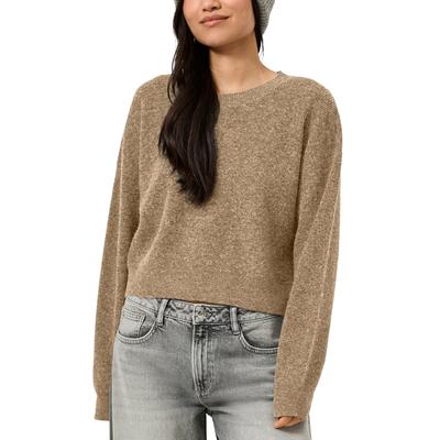 Strickpullover QS, Damen, Gr. M, beige (camelbraun melange), Rippstrick, Obermaterial: 80% Polyester, 20% Polyamid, meliert, loose fit kurz, Rundhals, Strickbund, Pullover Strickpullover, Rippstrick, Rundhalsausschnitt, verkürzte Form