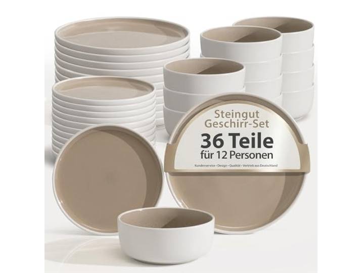 Hausfelder Steingut Geschirrset 12 Personen, 36-teilig, Shadow Stone Schüsseln und Teller, Tafelservice für 12 Personen, Steingut, Farbe Shadow Stone