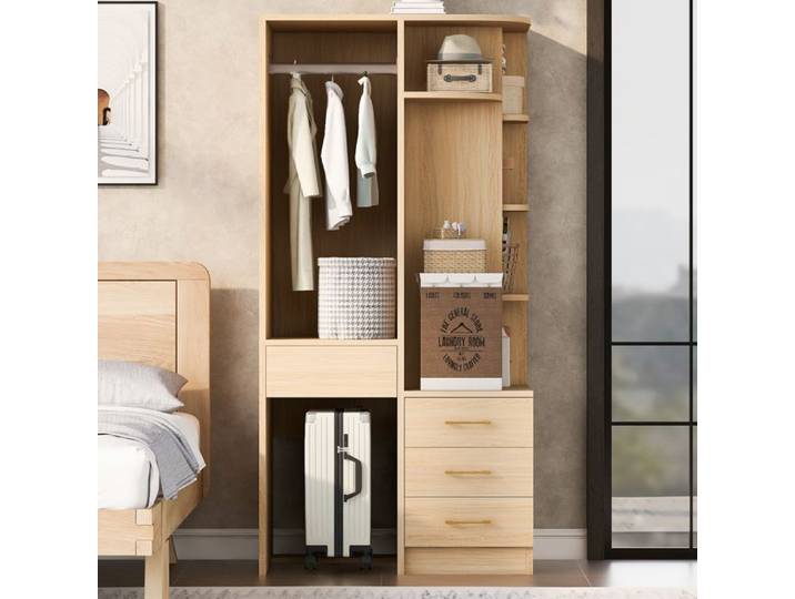 Armoire de chambre moderne 70×55×175 cm compartiments de rangement à plusieurs niveaux grande tringle à vêtements couleur bois