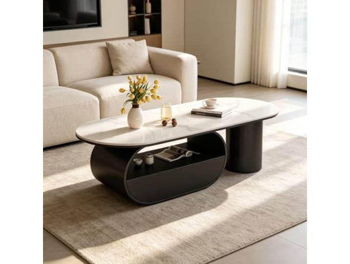 Ovaler moderner Couchtisch in Creme-Optik, Holz-Mitteltisch mit Stauraum Ovaler cremefarbener Holzcouchtisch, großer Stauraum, stabiler Aufbau für Wohnzimmer & Luxusvillen(D,120cm/47.2in)