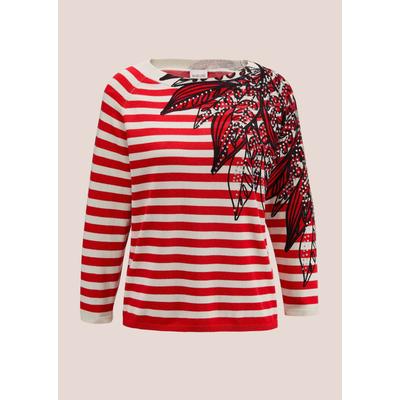 Longpullover MADELEINE "Pullover Gestreifter Pullover mit Strasssteinchen", Damen, Gr. 34, rot (sanftes weiß, rot), Obermaterial: 60% Viskose CV. 40% Baumwolle CO., Modern, normal, Pullover Longpullover