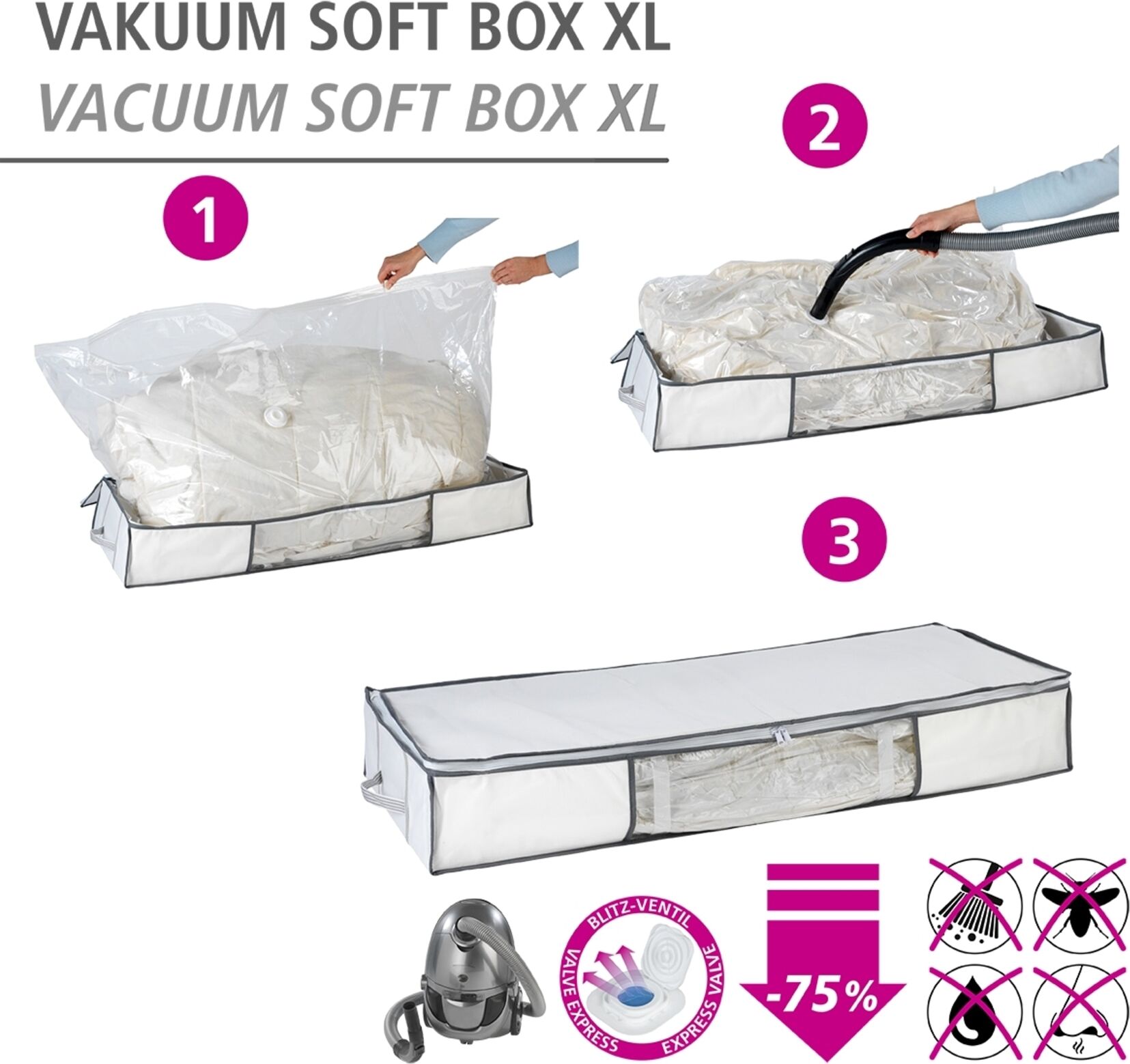 Unterbettkommode WENKO "Vakuum Soft Box XL", weiß (transparent, weiß), B:105cm H:15cm T:45cm, Polypropylen, Aufbewahrungsboxen, Unterbettkommode, integrierte Vakuum-Tasche & Blitzventil, bis zu 75 % Platzersparnis, Topseller