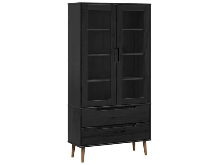 KGHERMDF Vitrinenschrank 90x35x175 cm Massives Kiefernholz Schwarz 2 Schubladen, 4 Fächer, Gehärtete Glastüren, Wohnzimmer, Schlafzimmer