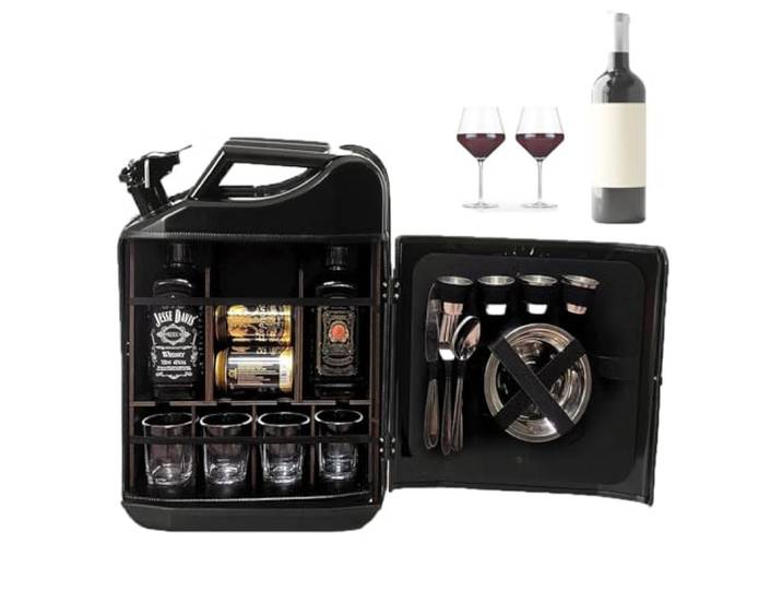 Atsoya 20L Kanister Mini Bar, Benzinkanister Form Mobile Bars,Abschließbare Minibar mit Holz Fächern, Whiskey Bar Schrank, Geschenk für Männer Ehemann Papa - 36x17x47 cm (ohne Alkohol)