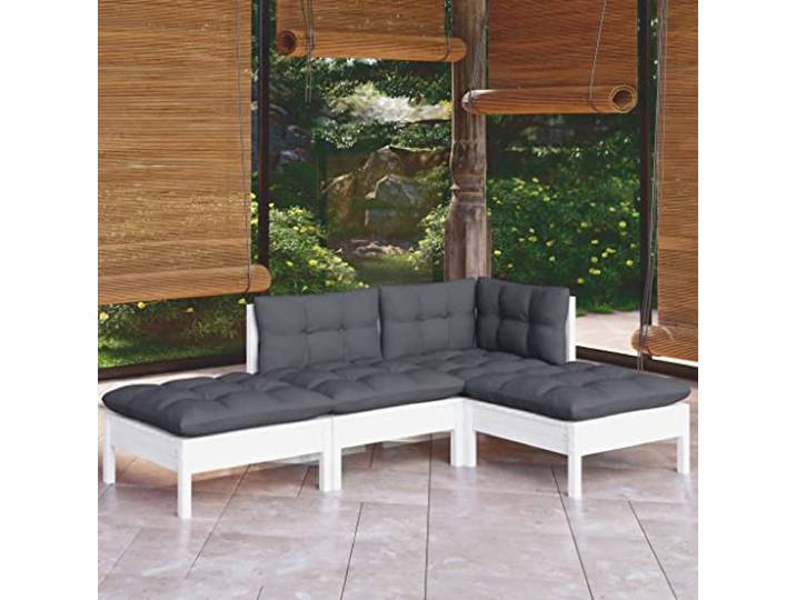 WDGJJFECNMUEHI Bois de pin massif Avec coussins modulable 4 Places Blanc Salon de jardin 4 pcs avec coussins bois de pin massif blanc et repose-pieds