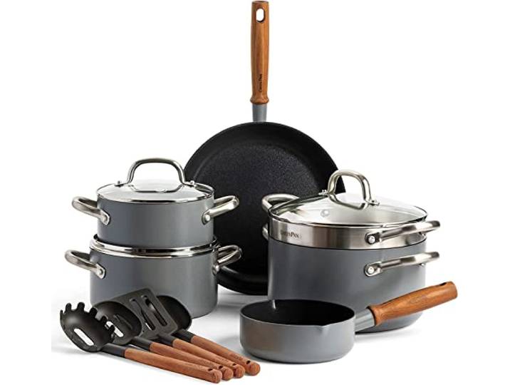 GreenPan Mayflower Pro Batterie de Cuisine 13 Pièces avec Revêtement Antiadhésif Céramique Sain\, Inclu. Poêle\, Casserole\, Marmite\, Manche en Bois Style Vintage\, Sans PFAS\, Induction\, Gris Charbon