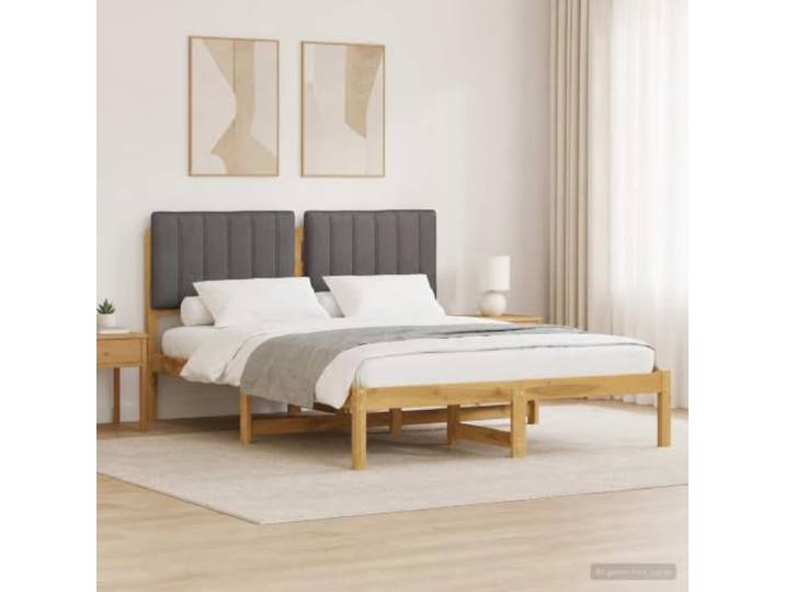 Bett mit Kopfteil, weiß gewaschen und hellgrau beschichtet Akazienholz massiv, Leinenimitat 100% Polyester, Bezug abnehmbar und waschbar, Verwendung im Innenbereich
