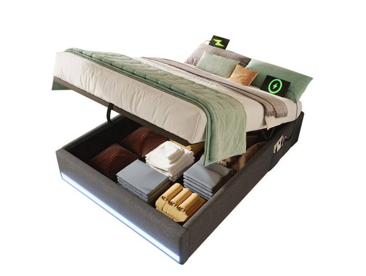 Modfu Polsterbett aus Leinen 90x200 cm Grau mit Led, Usb-C, seitlichen Taschen und hydraulischem Bettkasten, 90x200 cm, Schlafzimmer, Betten, Polsterbetten