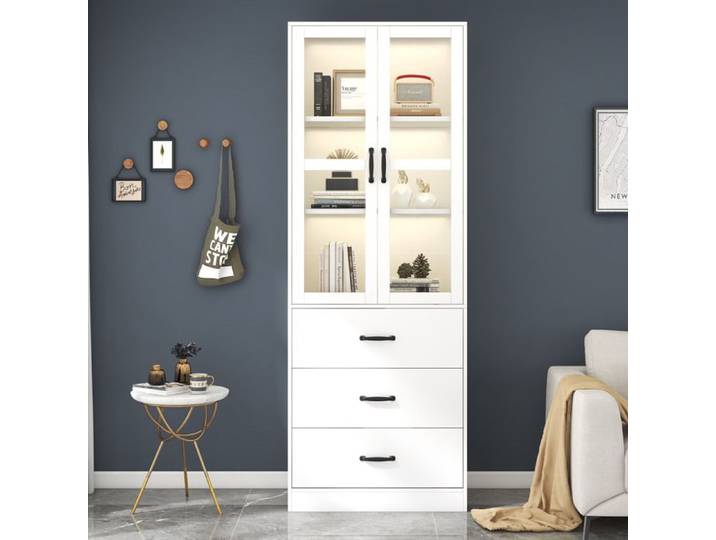 DRIPEX Vitrine avec éclairage LED Armoire de vitrine avec 3 tiroirs et 2 cloisons mobiles 2 portes 60×40×200cm Blanc