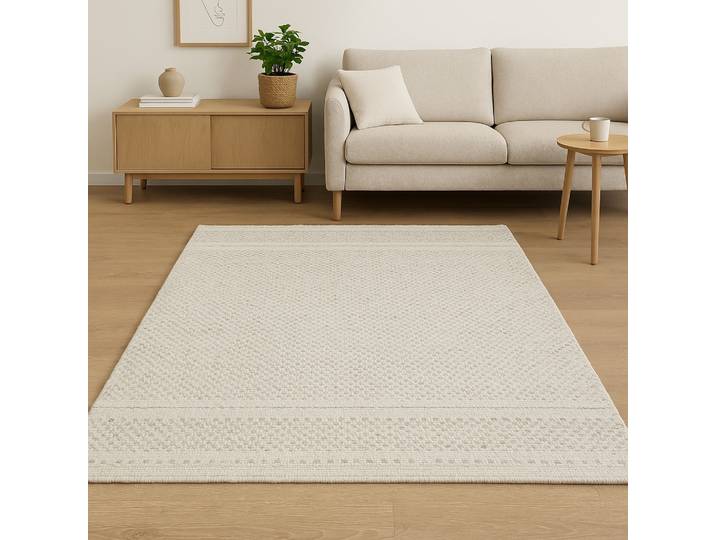 Wollteppich Wooly Nature , weiß (natur,weiß), B:200cm H:10mm L:290cm, Baumwolle, Wolle, MYFLAIR MÖBEL & ACCESSOIRES, Teppiche, Wollteppich, Handwebteppich, reine Wolle, Scandi Design, handgewebt, Wohnzimmer