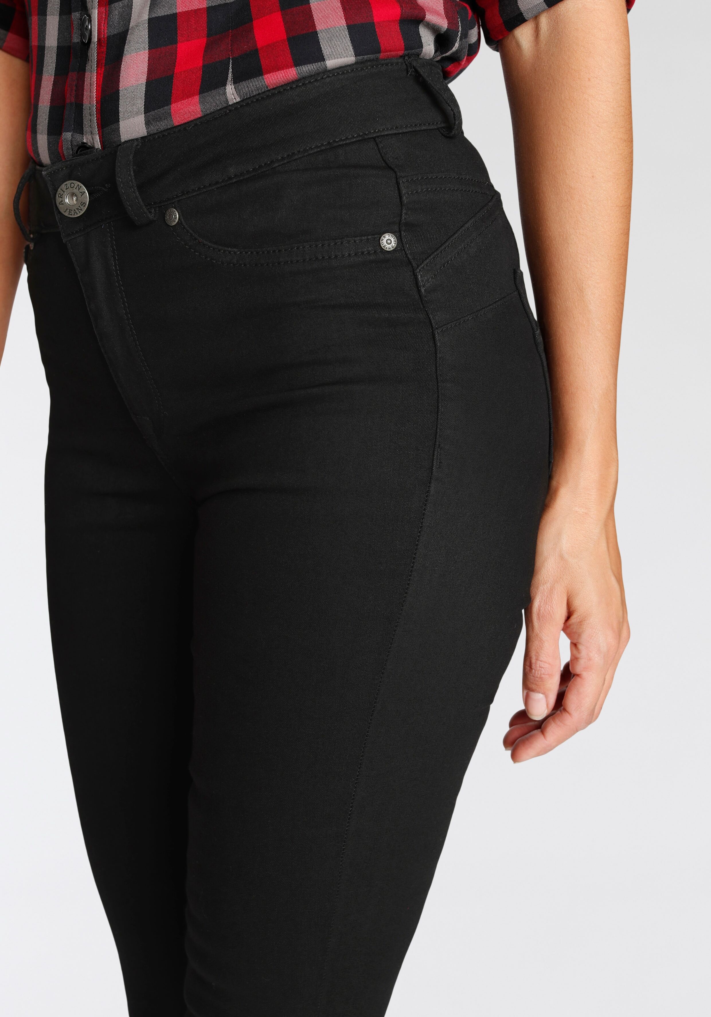Skinny-fit-Jeans ARIZONA "Ultra Stretch", Damen, Gr. 42, N-Gr, schwarz (schwarz schwarz), Denim/Jeans, Obermaterial: 63% Baumwolle, 32% Polyester, 5% Elasthan, skinny fit lang, Jeans Skinny-fit-Jeans, skinny-fit, betonte Taille, shaping-Effekt, high Waist
