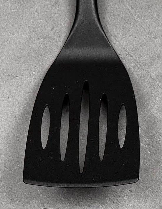 Unyqoos Zwarte flexibele nylon spatel met sleuven, BPA-vrij en hittebestendig tot 210 °C