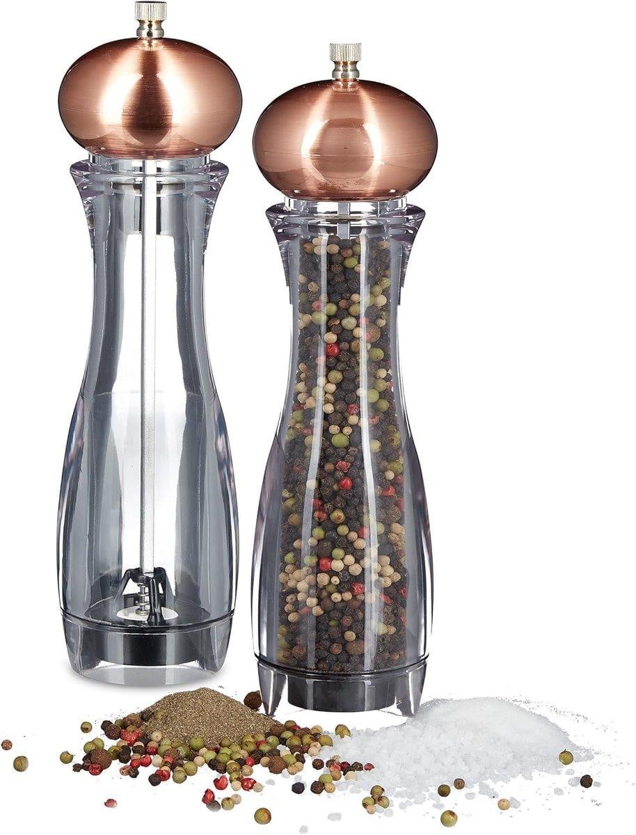Handmatige pepermolen set met keramisch maalwerk in transparant, brons en multicolor