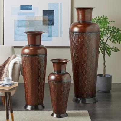 ARCILLA ELEMENTAL Dark Brown Metal Tall Vase with Geometric Designs (Set of 3)