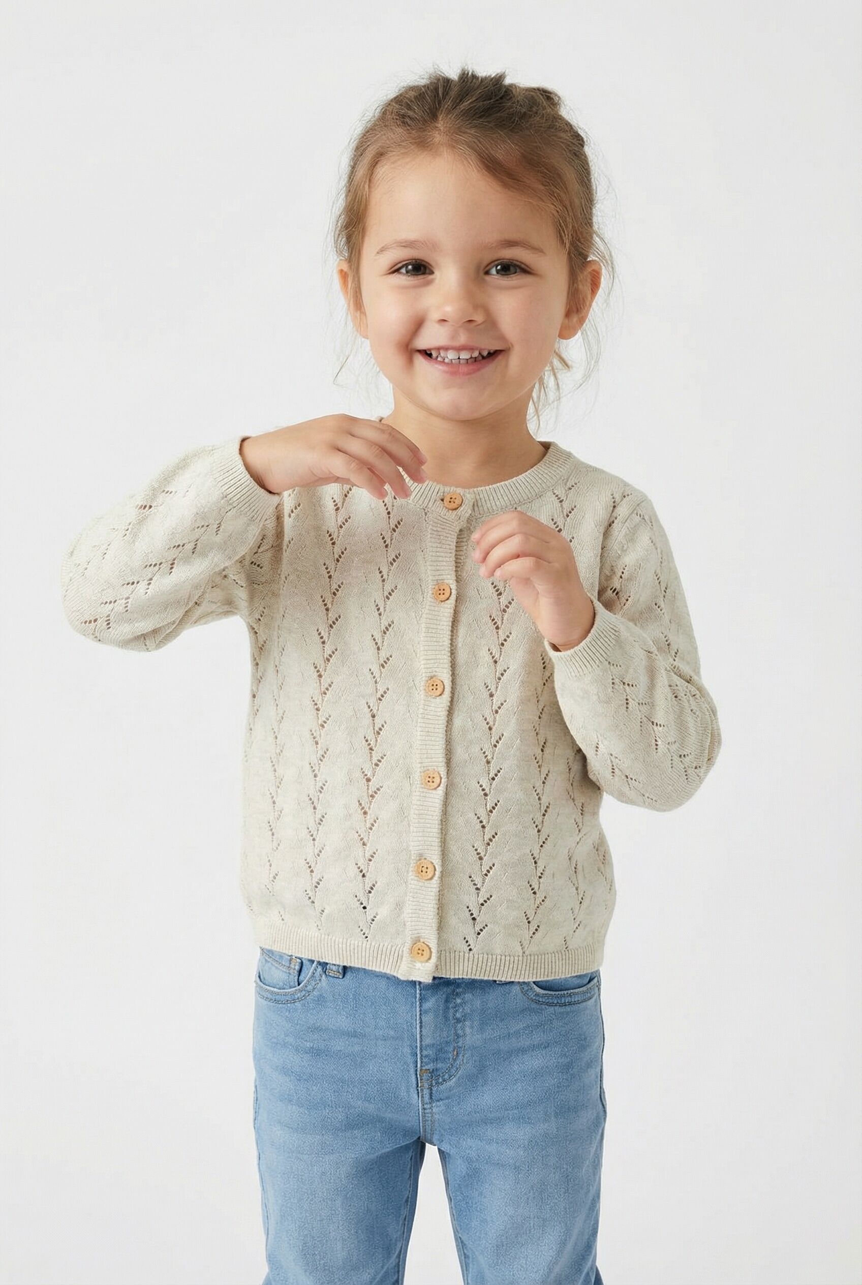 Strickjacke NAME IT "NMFBANNI für Mädchen mit Ajour-Strick und Rippbündchen", Mädchen, Gr. 68, beige (peyote melange), Feinstrick, Obermaterial: 100% Baumwolle, unifarben, normal normal, Rundhals, Rippstrickbündchen, Strickjacken Strickjacke, unifarben, c