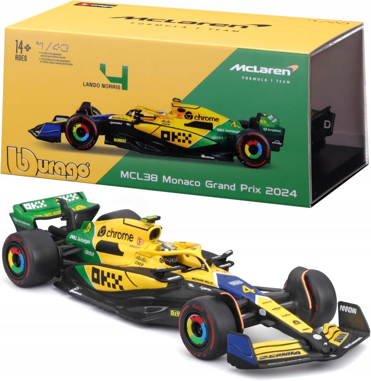 Bburago McLaren MCL38 Lando Norris Monaco GP 2024 Senna 30th Anniversary Diecast-auto schaal 1:43 met helm en vitrine