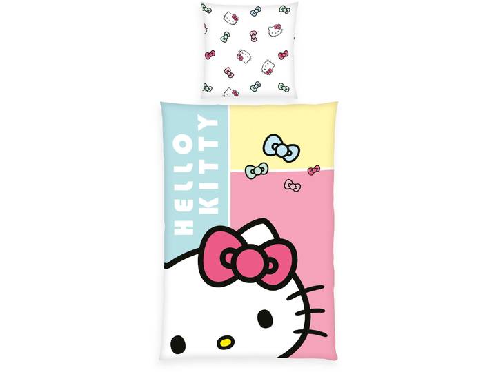 Bettwäsche HELLO KITTY Hello Kitty , rosa (weiß, rosa), B/L: 135cm x 200cm, 1 Stk., 1 Stk., Renforcé, B/L: 80cm x 80cm, 2 Stk., Renforcé, Obermaterial: 100% Baumwolle, Bettwäsche, Bettwäsche, Wendebettwäsche