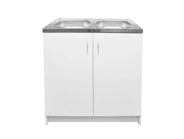 Stamar Möbel Spüle mit Unterschrank 80 cm Weiß Küchenspüle 2-Kammer & Edelstahl-Spülbecken kompakter Spülenunterschrank für Küche, Standschrank 49 cm Tiefe Siphon Montagefertig