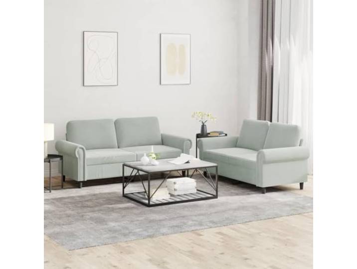 HEFZGDB 2-TLG. Sofagarnitur mit Kissen Hellgrau Samt, Weiches Samtstoff Sofa Set für Wohnzimmer, Robustes Gestell aus Sperrholz und Metall, Bequeme Polsterung für Entspannung,