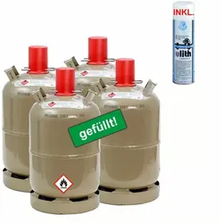 4x Propan-Gasflasche 11 kg gefüllt  mit Lecksuchspray für Camping, Gasgrill, Gas...