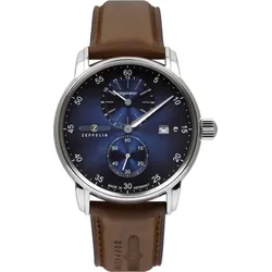 Zeppelin Herrenuhr 86223 - Blaues Ziffernblatt mit weißen Zahlen/Indices,cognac,orangee Naht - 42mm