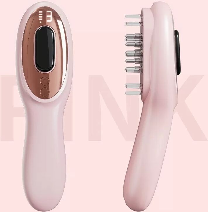 INF Elektrischer Kopfhaut Massagekamm – Anti-Haarausfall & Meridian Kopfmassagegerät mit Dual Color Licht & Rollkugelmassage Rosa