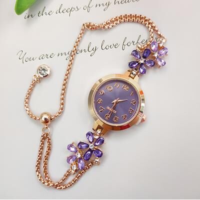Fusion Finds Elegant Women's Quartz Watch With Floral Diamond Accent & Adjustable Drawstring Bracelet purple