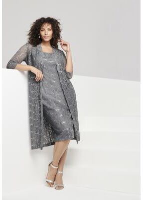 Plus Size Women's Plus Size 3/4 Sleeve Formal Duster Sequin - Embellished Lace Dress Set by Roaman's in Gunmetal (Size 34 W) Formal Evening