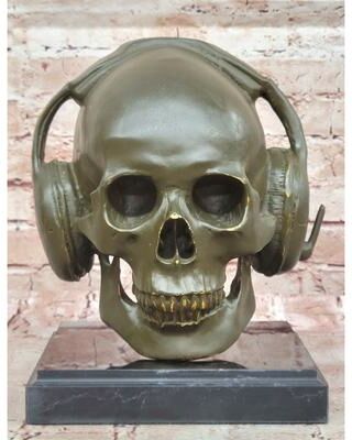 Bronzhaus Skull With Headphones Bronze Sculpture - Modern Gothic Music Art