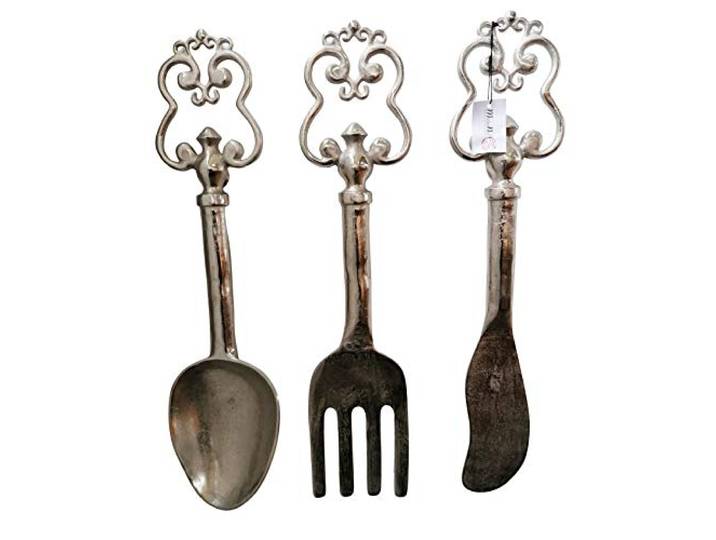 MichaelNoll Dekobesteck Besteck Wanddekoration Wand Silber Aluminium zum Aufhängen Metall - Wanddeko für Wohnzimmer und Küche - XXL 64 cm